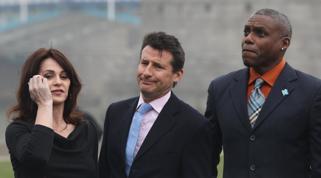 Sebastian Coe and Carl Lewis alongside Romanian gymnast Nadia Comaneci at an event launching ticket sales for the London 2012 Olympics, where the American had backed the Briton to become the next IAAF President ©Getty Images