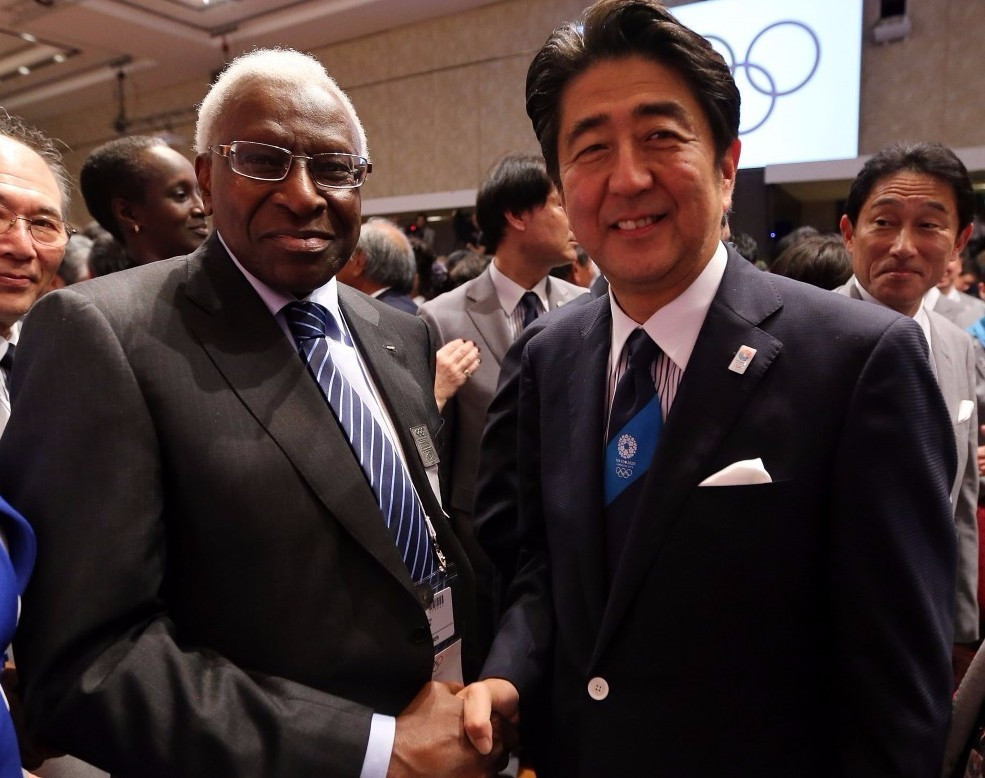 Shinzō Abe (right) pictured with Lamine Diack at the IOC Session in Buenos Aires at which Tokyo was awarded the Games ©Getty Images 