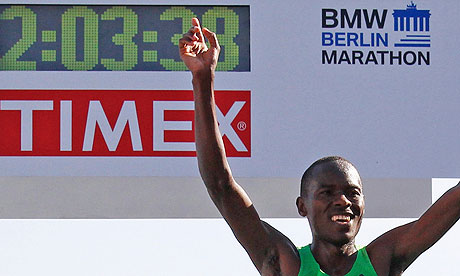 Patrick Makau_celebrates_world_marathon_record_Berlin_September_2011