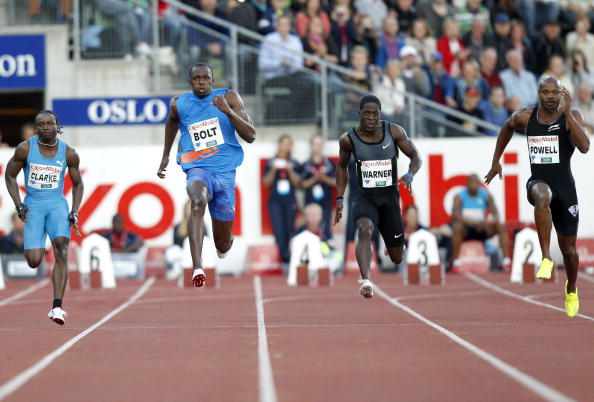 Jamaican sprinter_Usain_Bolt_2nd_L_Jamican_Clarke_Larone_L_Canadas_Warner_Justyn_2nd_R_and_Jamaican_Asafa_Powell_R_08-06-12