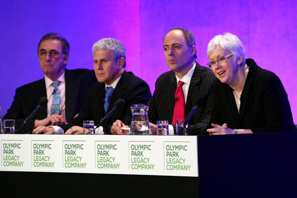R-L Margaret_Anne_Ford_Baroness_Ford_Chairman_of_the_London_2012_Olympic_Park_Legacy_Company_board_members_Andrew_Altman_Keith_Edelman_and_David_Edmunds_19-06-12