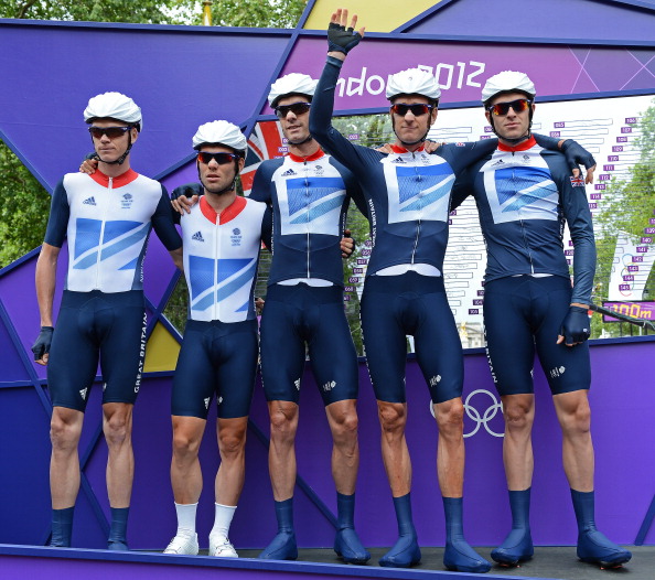 Britains cyclists_Christopher_Froome_Mark_Cavendish_Ian_Stannard_Bradley_Wiggins_and_David_Millar_of_Team_GB_pose_before_the_start_of_mens_road_race_cycle_event__28-07-12
