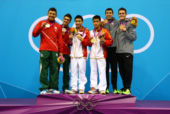 Silver medalists_German_Sanchez_Sanchez_and_Ivan_Garcia_Navarro_of_Mexico_gold_medalists_Yuan_Cao_and_Yanquan_Zhang_of_China_and_bronze_medalists_Nicholas_Mccrory_and_David_Boudia_of_the_United_States