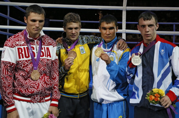 Bronze medalists_Andrey_Zamkovoy_of_Russia__Taras_Shelestyuk_of_the_Ukraine_gold_medalist_Serik_Sapiyev_of_Kazakhstan__silver_medalist_Freddie_Evans_of_Great_Britain