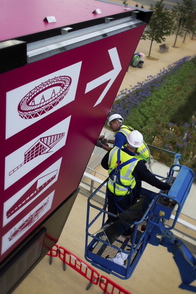 Employees work_in_the_replacement_of_road_signs_of_the_Olympic_Games_for_the_Paralympic_Games_at_the_Olympic_Park