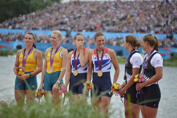 Helen Glover_2-L_and_Heather_Stanning_4-L_Australias_Kate_Hornsey_L_and_Sarah_Tait_and_New_Zealands_Juliette_Haigh_and_Rebecca_Scown_R_pose_with_their_gold_silver_and_bronze_medals_respectively