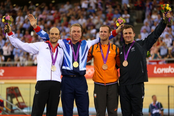 L-R Silver_medallist_Max_Levy_gold_medallist_Sir_Chris_Hoy_and_joint_bronze_medallists_Teun_Mulder_and_Simon_van_Velthooven_celebrate_during_the_mens_kierin_medal_ceremony