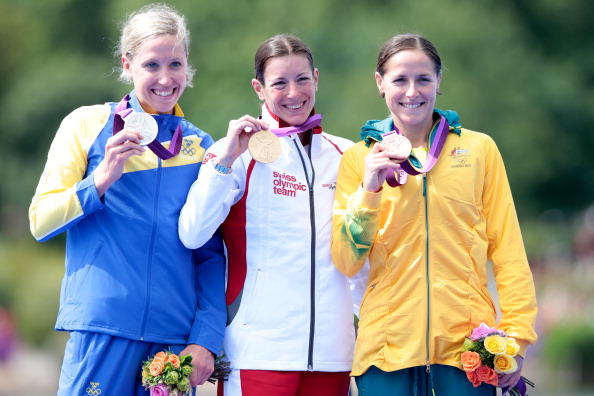 Silver medalist_Lisa_Norden_of_Sweden_gold_medalist_Nicola_Spirig_of_Switzerland__bronze_medalist_Erin_Densham_of_Australia