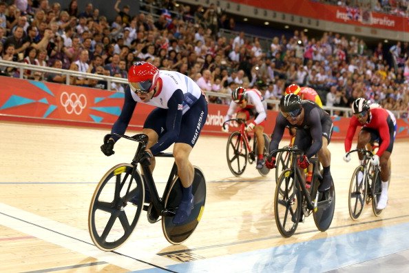 Sir Chris Hoy (front) of Great Britain leads the field in the Men's Keirin Track Cycling First Round heat on Day 11 of the London 2012 Olympic Games at Velodrome on August 7, 2012 in Lond