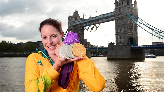 Alicia Coutts with five London 2012 medals in front of Tower Bridge