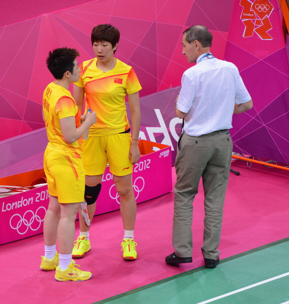 Yu Yang and Wang Xiaoli spoken to by referee at London 2012 July 31