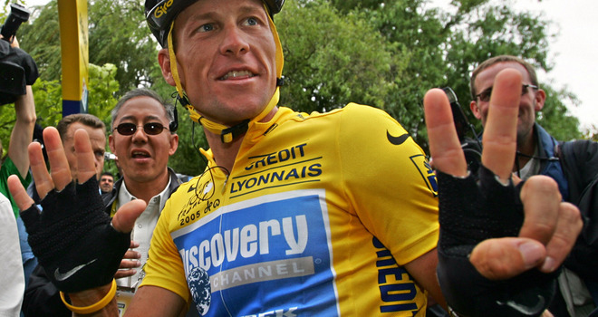 Lance Armstrong indicating seven Tour de France titles