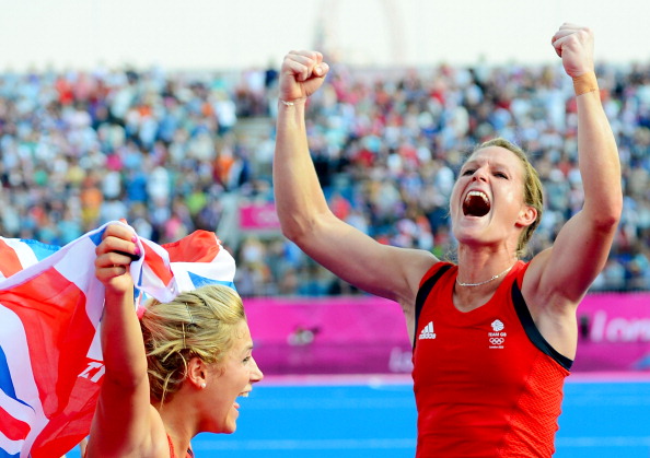 Crista Cullen of Great Britain celebrates winning womens Team GB hockey bronze medal
