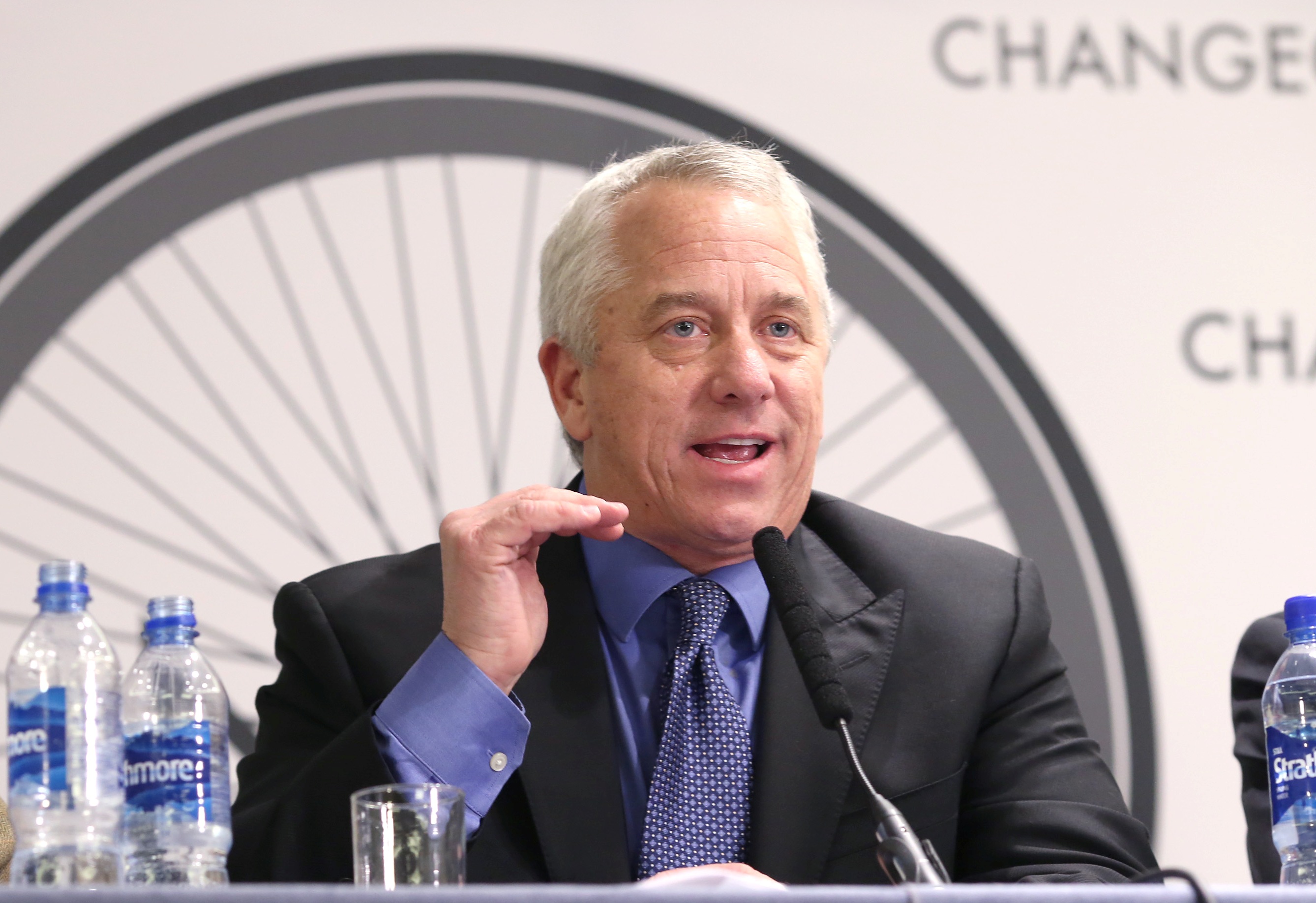 Greg LeMond in front of Change Cycling Now logo 3