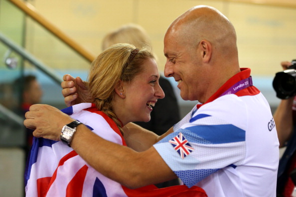 Laura Trott of Great Britain and British Cycling director Dave Brailsford