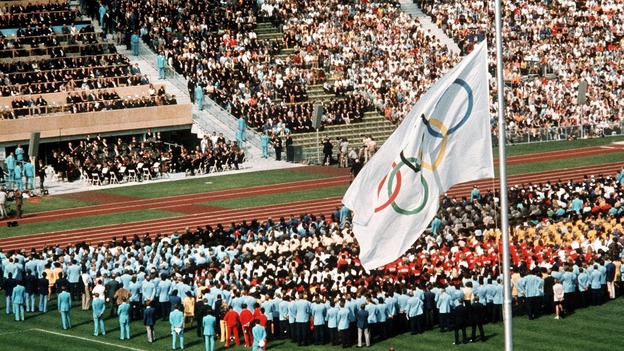 The Olympic flag flies at half mast at the 1972 Games in respect of the slain 11 Isreali athletes