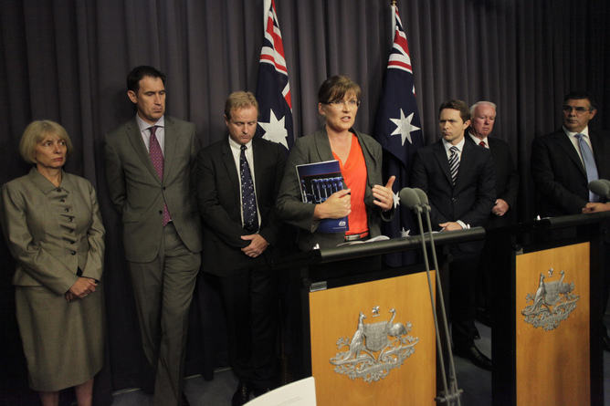Kate Lundy at press conference Canberra February 7 announcing drugs report