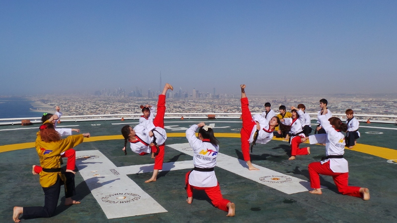 Taekwondo demonstration on helipad of Burj Al Arab 3800x450
