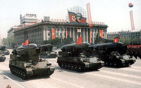 A North Korean military unit of missile carriers during a military parade in Pyongyang