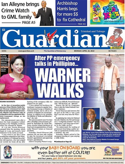 Jack Warner resigns front page