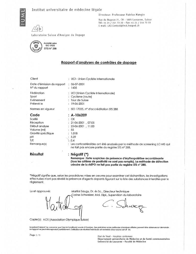The July 6 test results from the June 19 sample, with the French notation for “strong suspicion” of EPO usage, triggering further testing