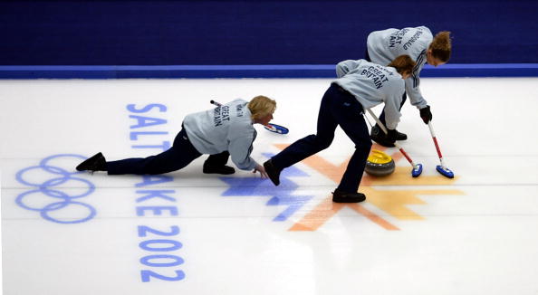 Rhona Martin releases the stone during the Britain vs Switzerland womens curling gold medal match during the 2002 Salt Lake City Winter Olympics