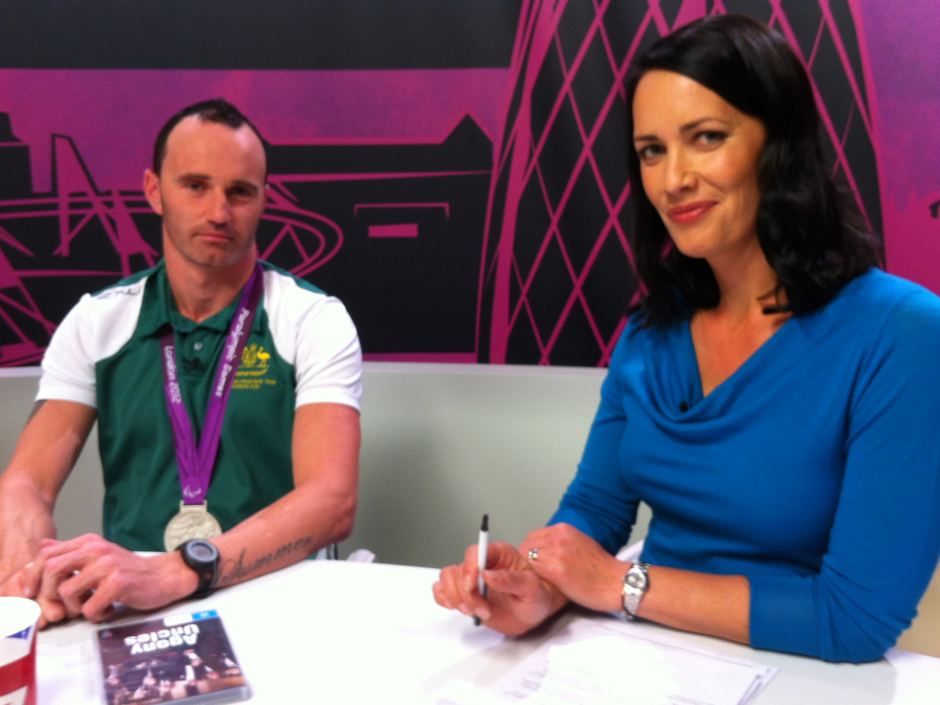 Stephanie Brantz with rower Erik Horrie ABC coverage London 2012