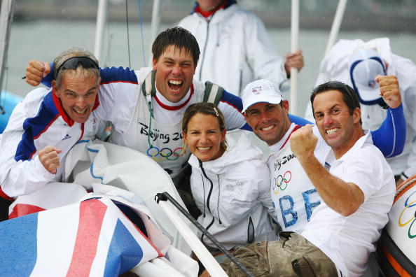 Andrew Simpson with British teammates Peter Bentley Bryony Shaw Iain Percy and Ben Ainslie