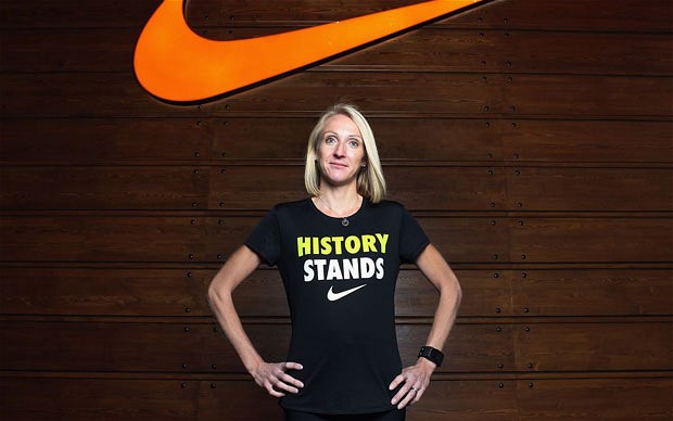 Paula Radcliffe in front of Nike banner