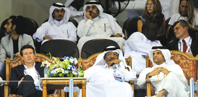 Dahlan al Hamad (centre) with Sebastian Coe (left) and Sheikh Saoud bin Abdulrahman al-Thani, secretary general of the Qatar Olympic Committee, at opening leg of the 2013 IAAF Diamond League in Doha