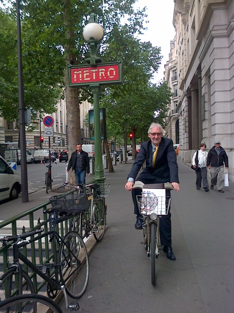 Brian Cookson on a bike in Paris
