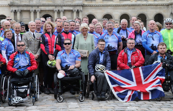 Duchess of Cornwall Camilla with Help For Heroes fundraisers taking part in the Big Battlefield Bikeride at Les Invalides