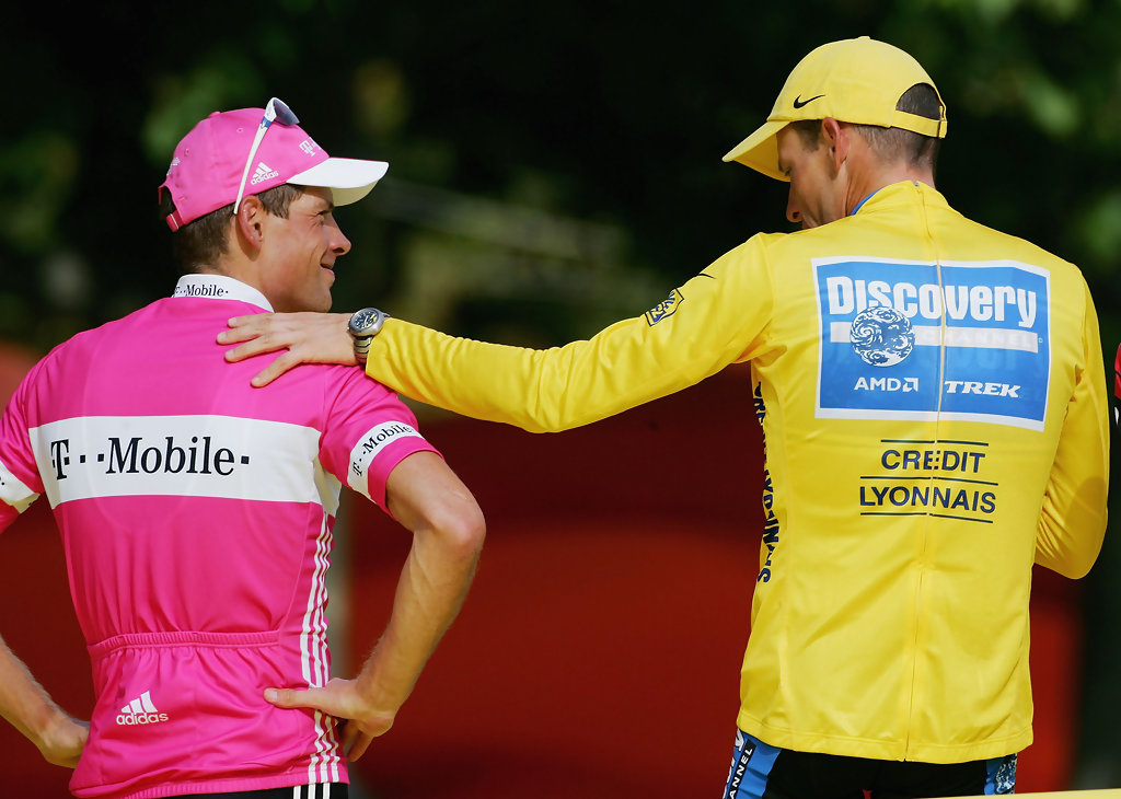 Jan Ullrich on Tour de France podium with Lance Armstrong