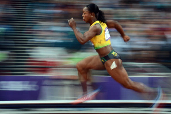 Veronica Campbell-Brown competes in the womens 200m semi-finals at the athletics event during the London 2012 Olympic