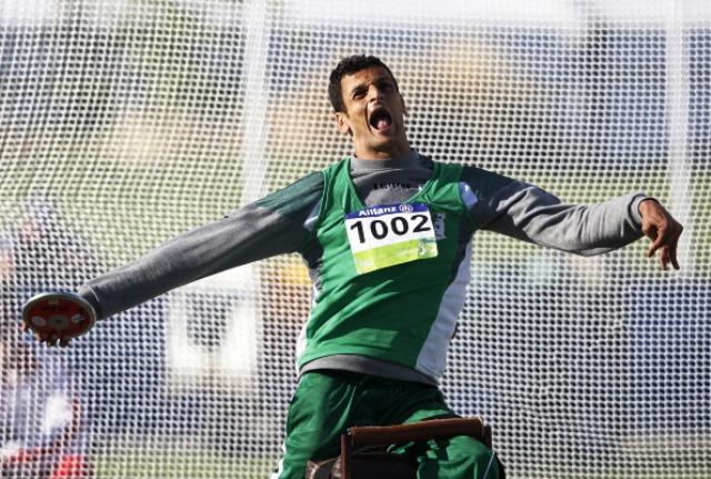 Algerian Lahouari Bahlaz claimed gold in the mens discus setting a new F32 world record in the process
