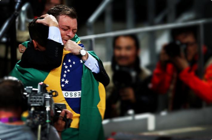 Andrew Parsons embraces Alan Oliveira after the athlete won at the London 2012 Paralympics