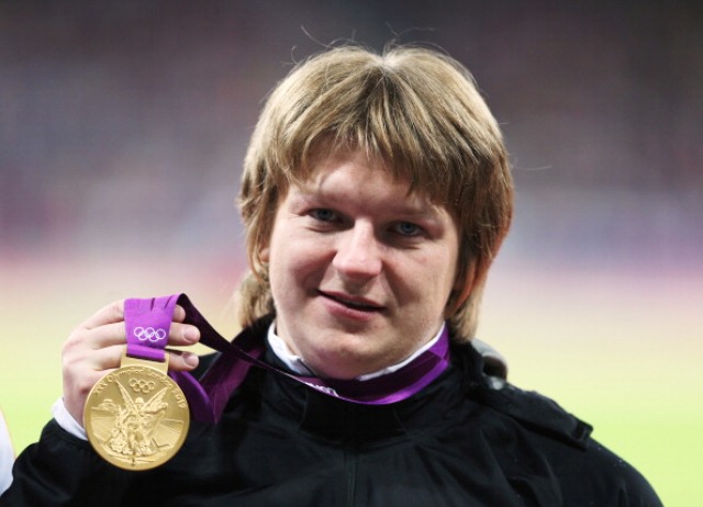 Belarusian Nadzeya Ostapchuk with the Olympic gold medal that was later stripped off her following a failed drugs test at London 2012
