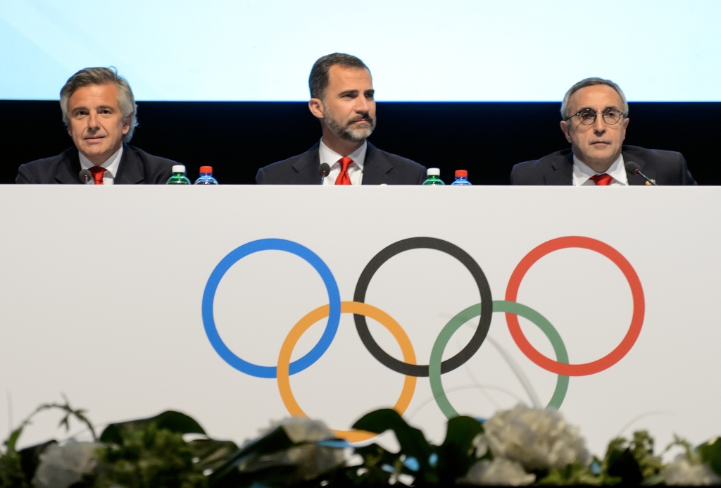 Juan Antonio Samaranch junior Spains Crown Prince Felipe and Madrid 2020 President Alejandro Blanco deliver their presentation to the IOC members