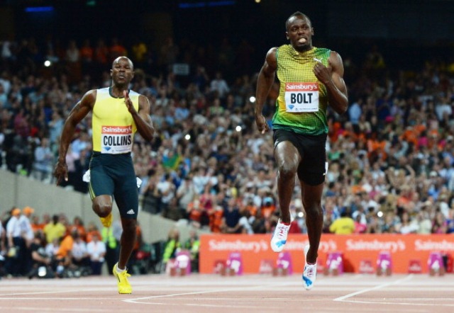Kim Collins left finished fourth in the 100m at the London Anniversary Games behind winner Usain Bolt of Jamaica