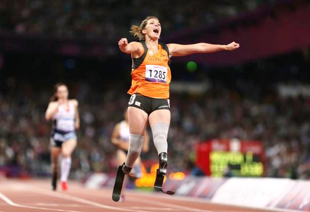 Marlou Van Rhijn of Netherlands crosses the line to win gold in the Womens 200m - T44 Final at the Paralympic Games in London