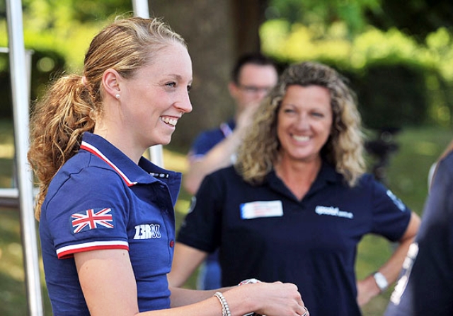 Non Stanford shares a joke with Olympic gold medallist Sally Gunnell at the official launch of the World Triathlon Grand Final in Hyde Park