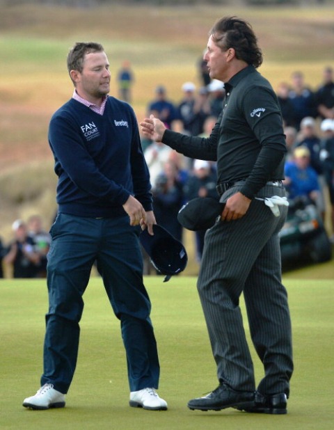 South Africas Branden Grace congratulates Mickelson following the dramatic play-off victory