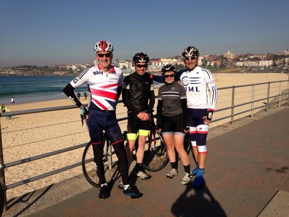 Brian Cookson (far left) used the opportunity of his trip to Australia for a ride along Bondi Beach