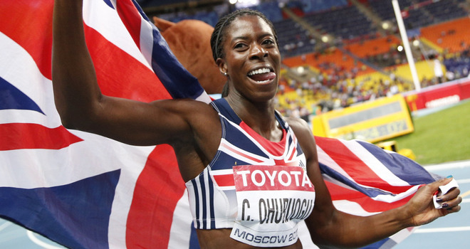 Christine Ohuruogu celebrates regaining the World Championship 400 metres title at Moscow 