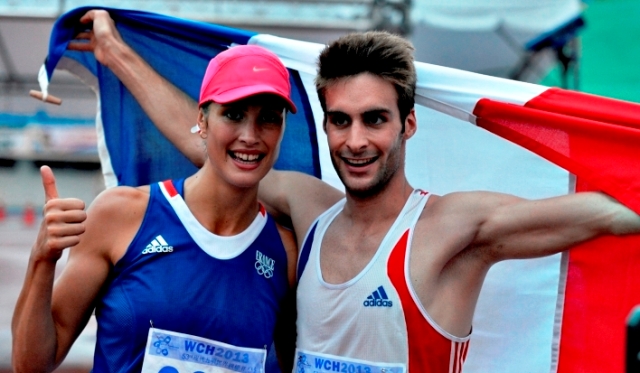 Elodie Clouvel and Valentin Belaud celebrate their mixed relay gold in Kaohsiung