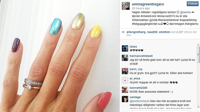 Swedish high jumper Emma Green-Tregaro painted her fingernails rainbow in protest at Russia's new controversial anti-gay law and explained her reasons on Twitter