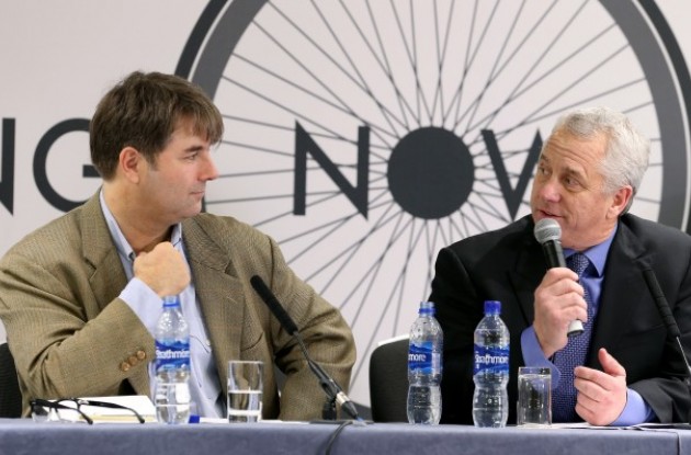 Change Cycling Now founder Jaimie Fuller, pictured here with former two-time Tour de France winner Greg LeMond, has a "vested interest" in the outcome of the UCI Presidential election, Pat McQuaid claims in his letter