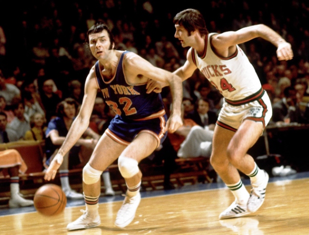Jerry Lucas left in action for the New York Knicks with whom he won a National Championship in 1973