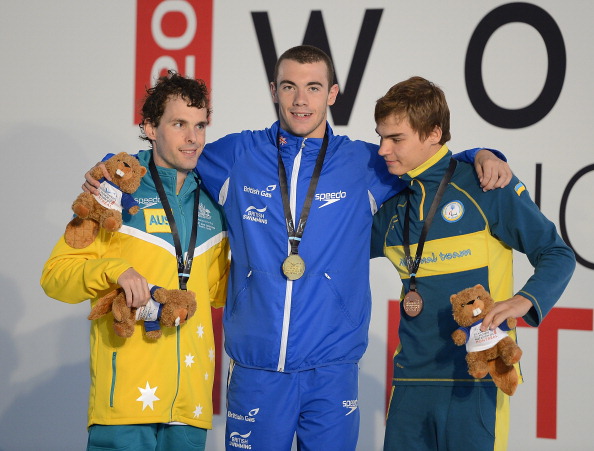Britain's Josef Craig (centre) took his second world title ahead of Australia's Matthew Levy (left) and Ukraine's Yevhenoy Bohodayko (right)