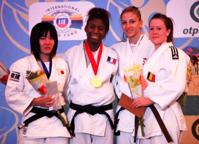 Marie Eve Gahie of France second left claimed top honours in the girls -70kg category